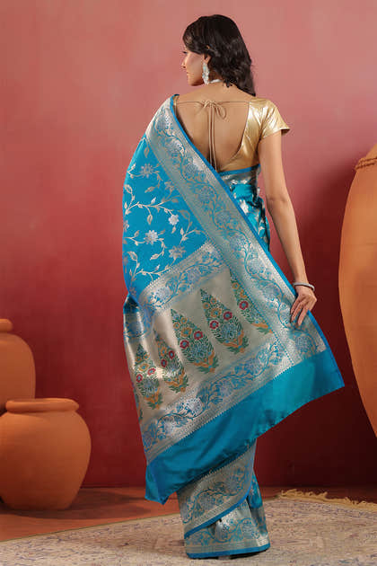 Teal Blue Banarasi Silk Woven Saree