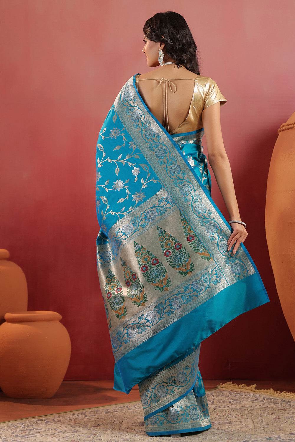 Teal Blue Banarasi Silk Woven Saree