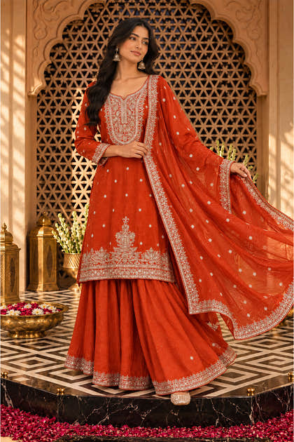 Rust Crepe Silk Embroidered Suit With Sharara