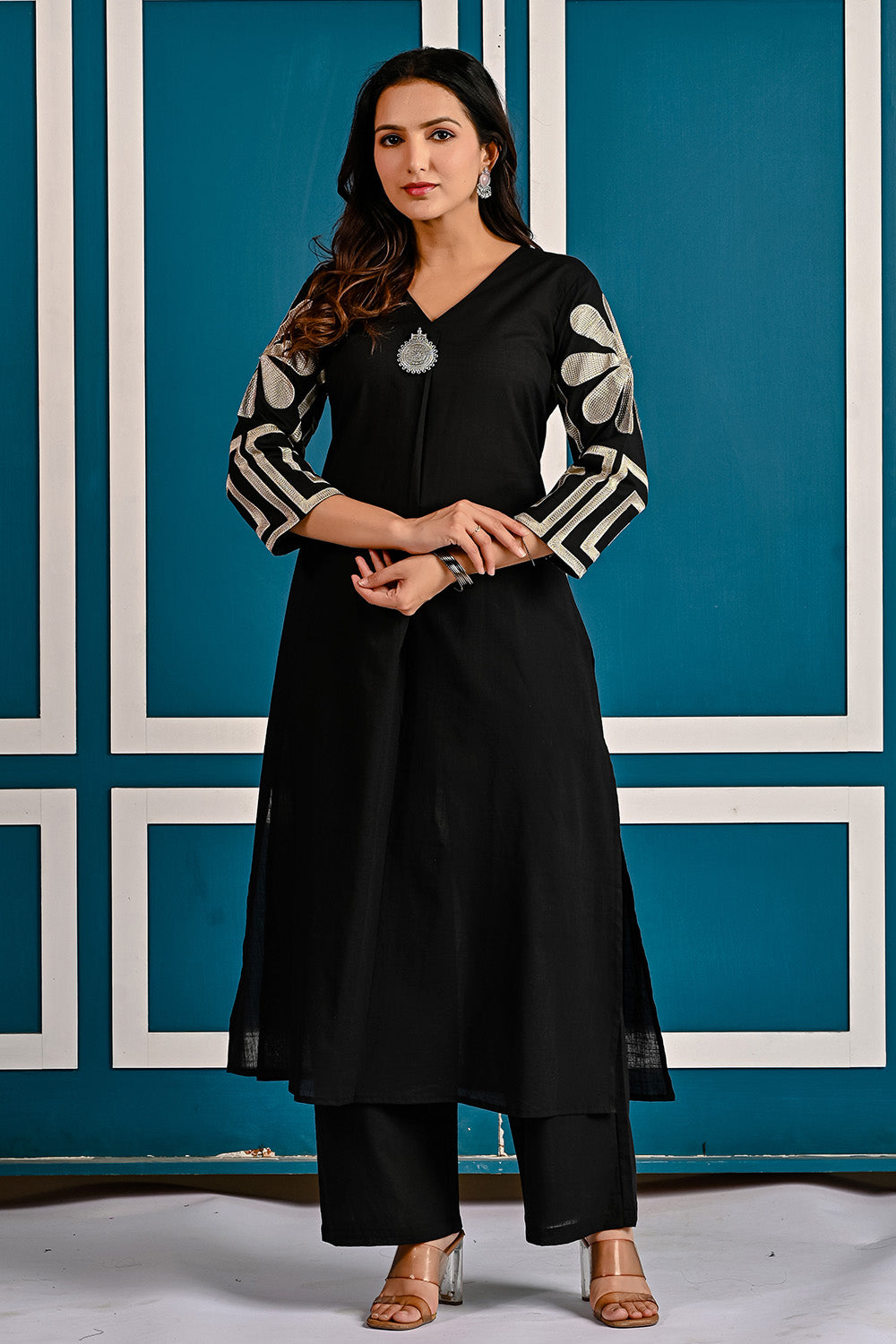 Black Floral Embroidered Cotton Kurta Set