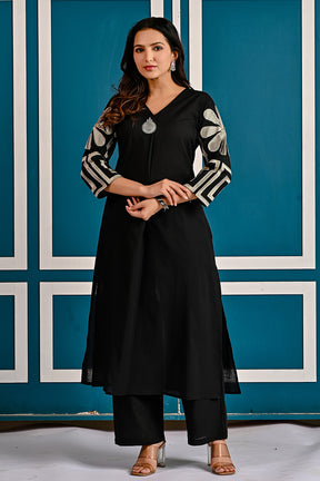 Black Floral Embroidered Cotton Kurta Set