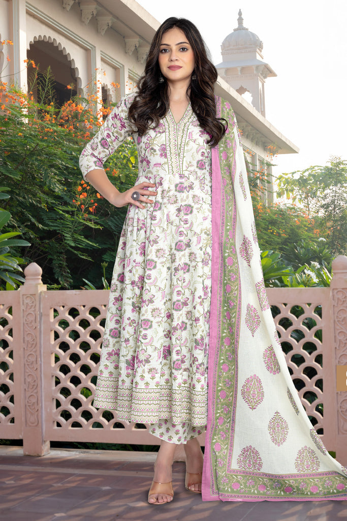 Cream & Pink Cotton Floral Printed Floor Lenght Anarkali Suit