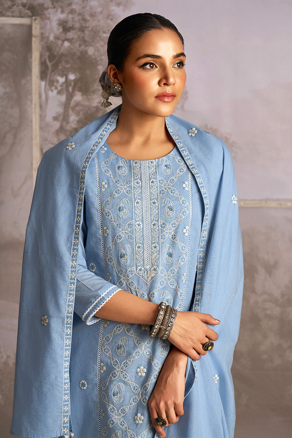 Powder Blue Color Cotton Resham Embroidered Suit
