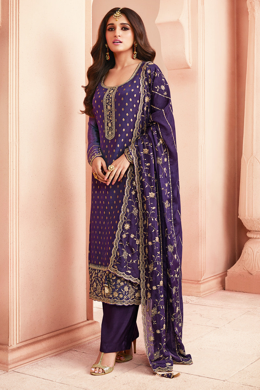 Purple Color Silk Zari & Sequins Embroidered Unstitched Suit Fabric