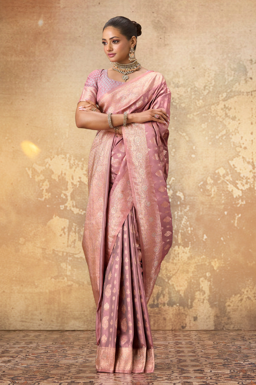 Dusty Pink Woven Katan Silk Banarasi Saree