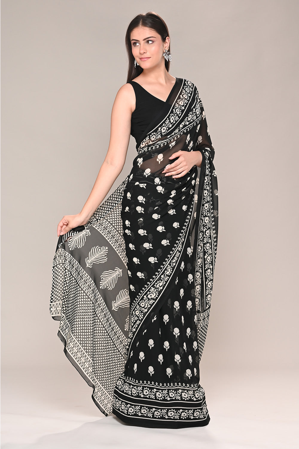 Black Color Printed Georgette Saree