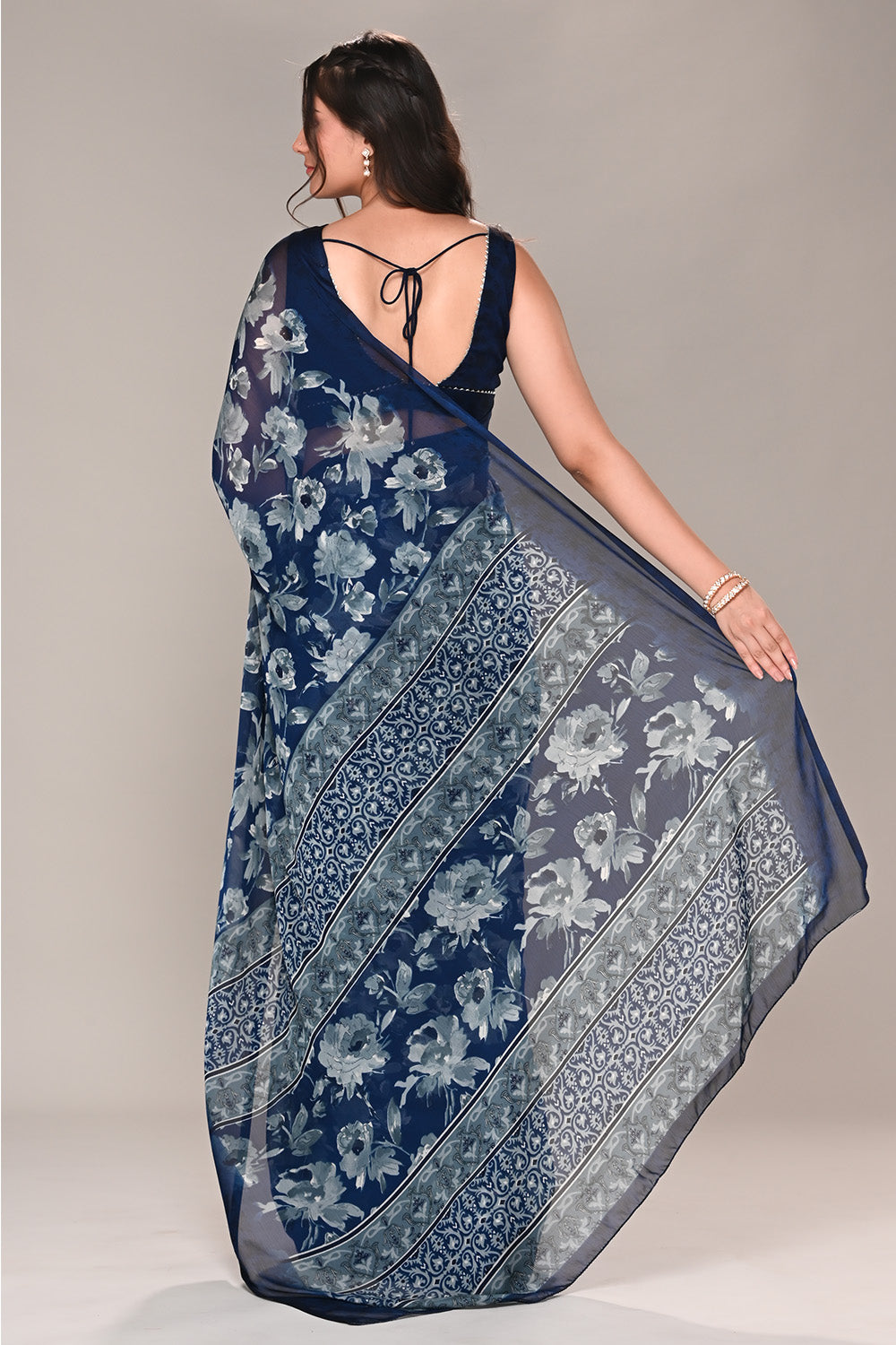 Navy Color Floral Printed Chiffon Saree