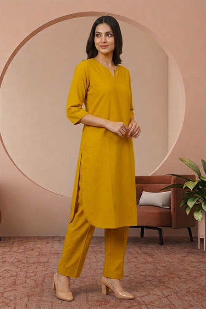 Mustrard Cotton Kurta Set
