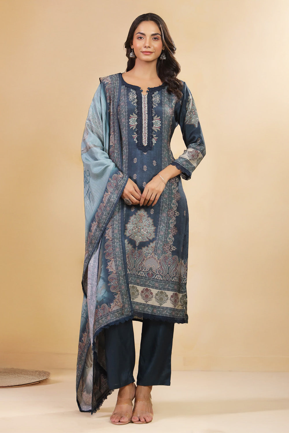 Blue Cotton Silk Printed & Lace Work Suit