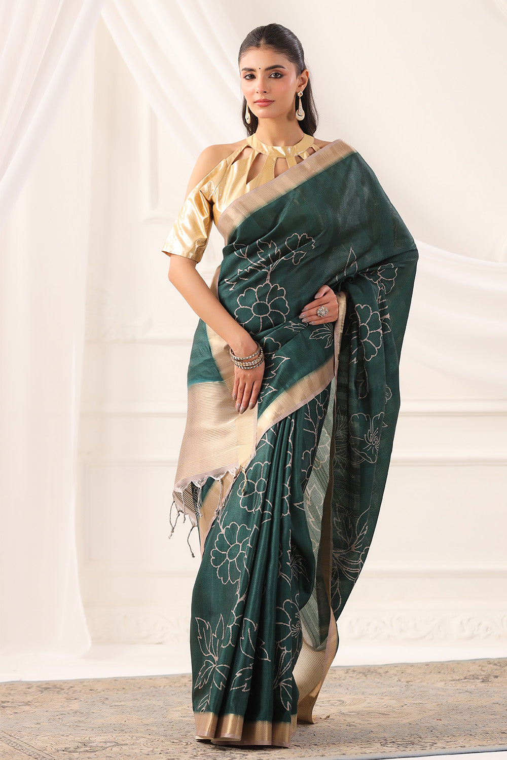 Bottle Green Tussar Silk Floral Printed and Zari Woven Saree