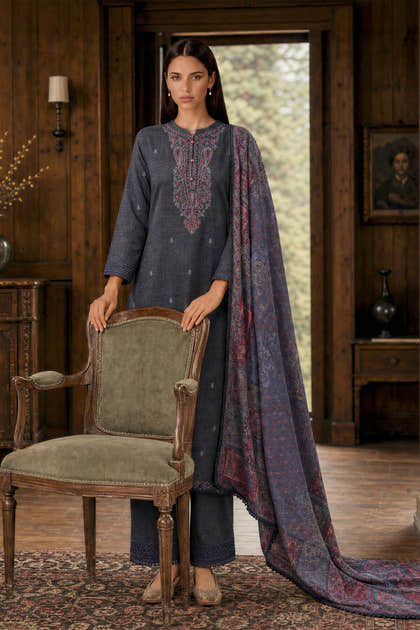 Grey Matka Silk Embroidered Unstitched Suit Material