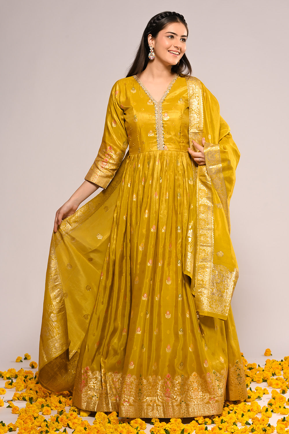 Mustard Color Mantellic Tissue Embroidered and Woven Anarkali Suit