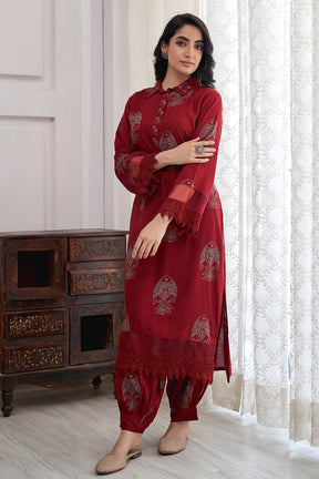 Maroon Color Rayon Printed Kurta With Afgani Salwar Set