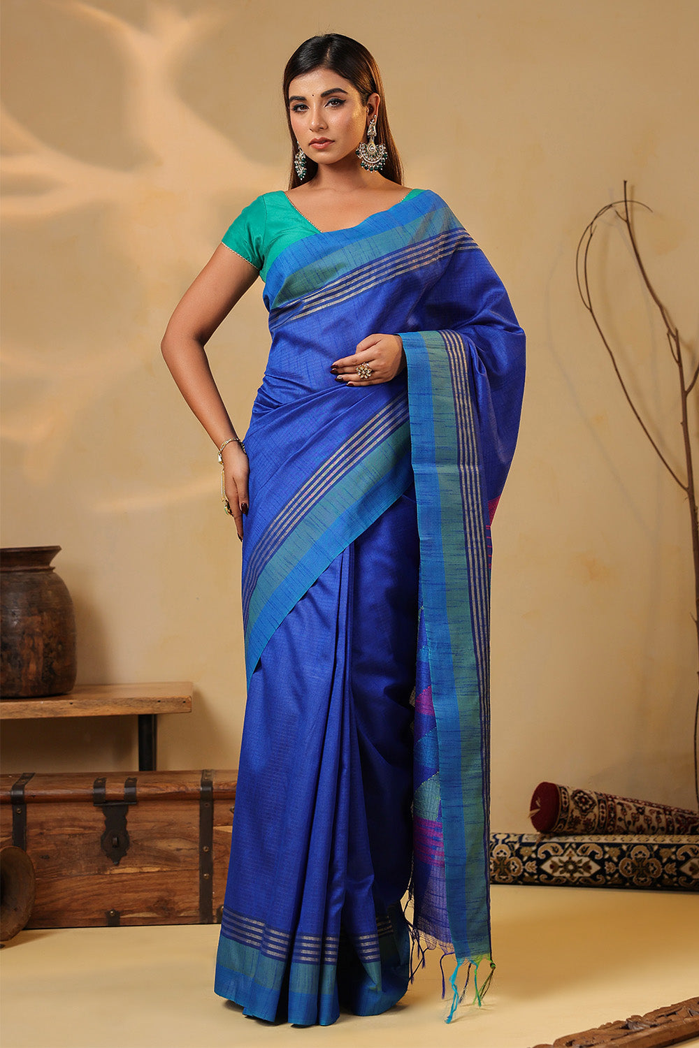 Blue Organza Woven Saree