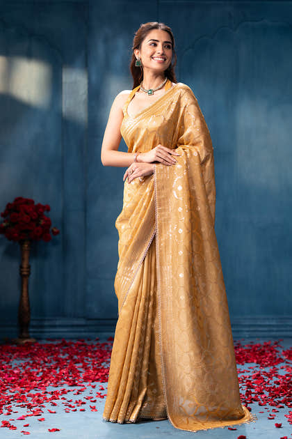 Golden Sequins and Resham Embroidered Metallic Tissue Saree