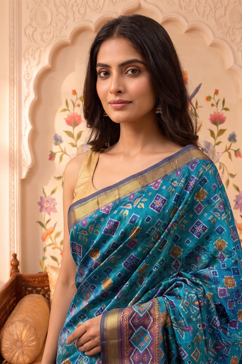 Teal Cotton Printed And Woven Border Saree