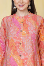 Orange Cotton Printed Long Kurta Set