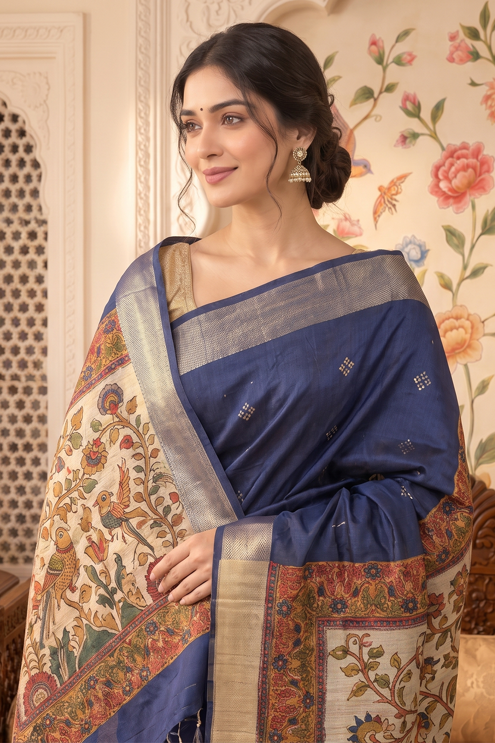 Navy Cotton Printed And Woven Border Saree