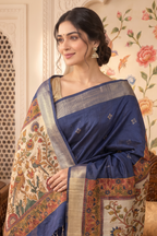 Navy Cotton Printed And Woven Border Saree
