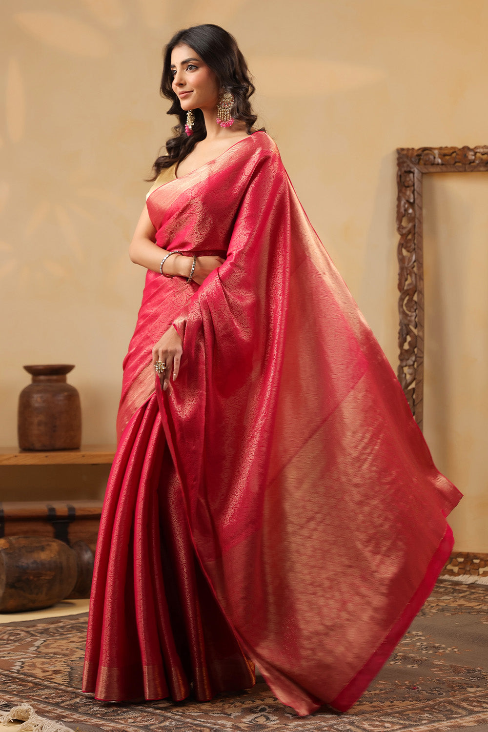 Rani Color Zari Woven Soft Silk Saree