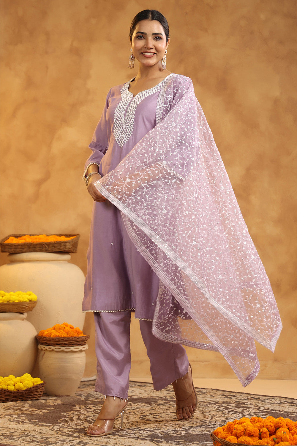 Light Lavender Color Cotton Neck Embroidered Unstitched Suit Fabric