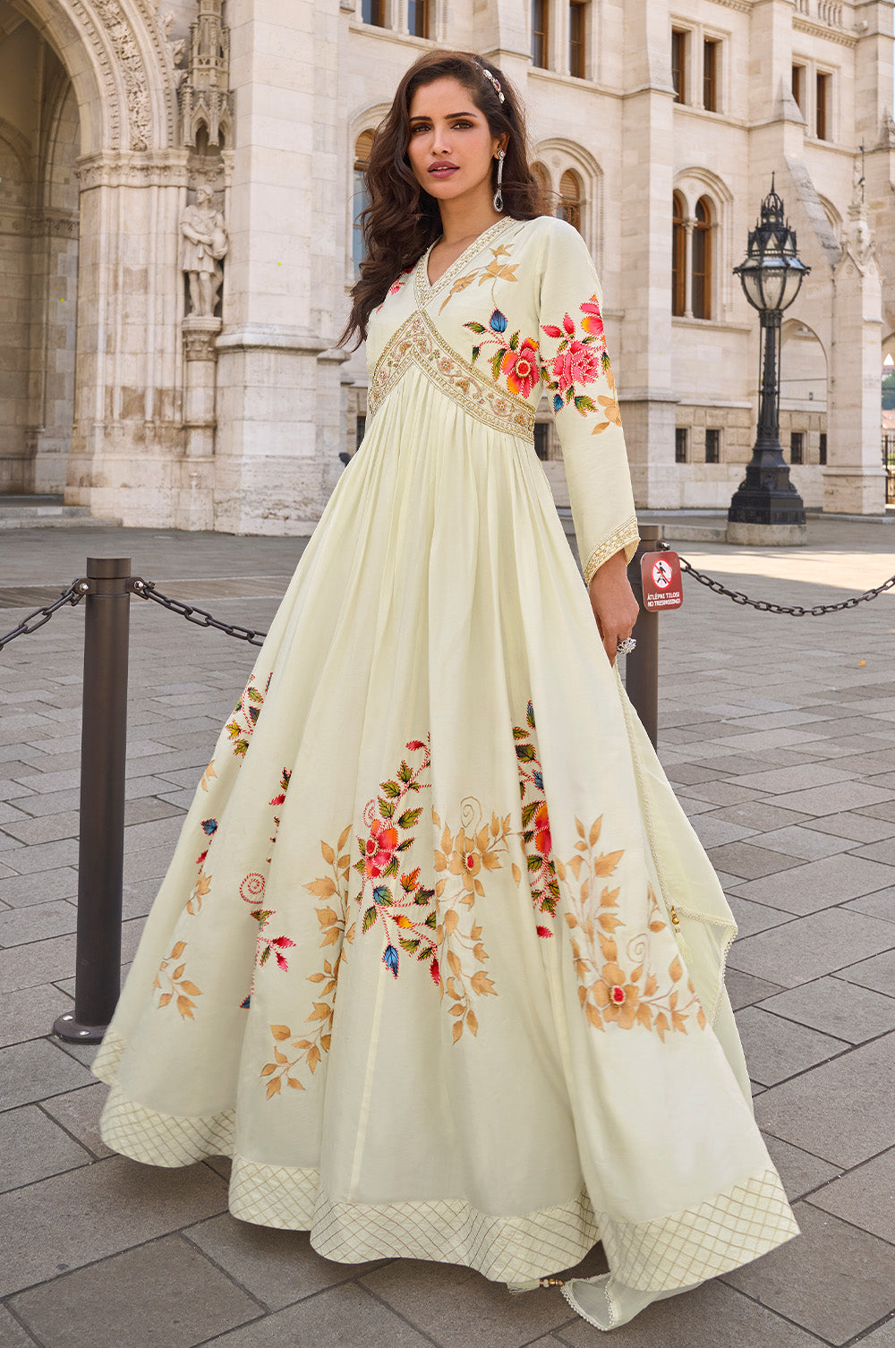 Cream Silk Floral Printed And Zari Embroidered Alia Cut Anarkali Gown