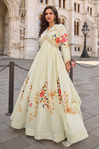 Cream Silk Floral Printed And Zari Embroidered Alia Cut Anarkali Gown