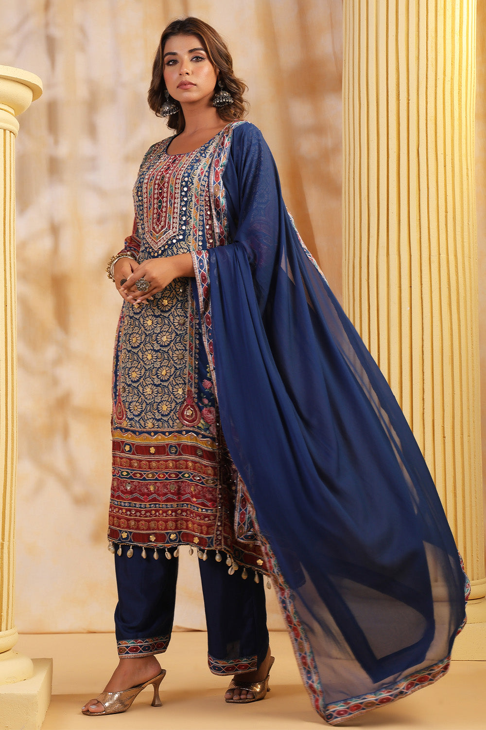 Blue Color Crepe Embroidered and Printed Suit