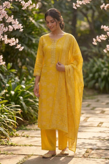 Mustard Muslin Printed Straight Suit