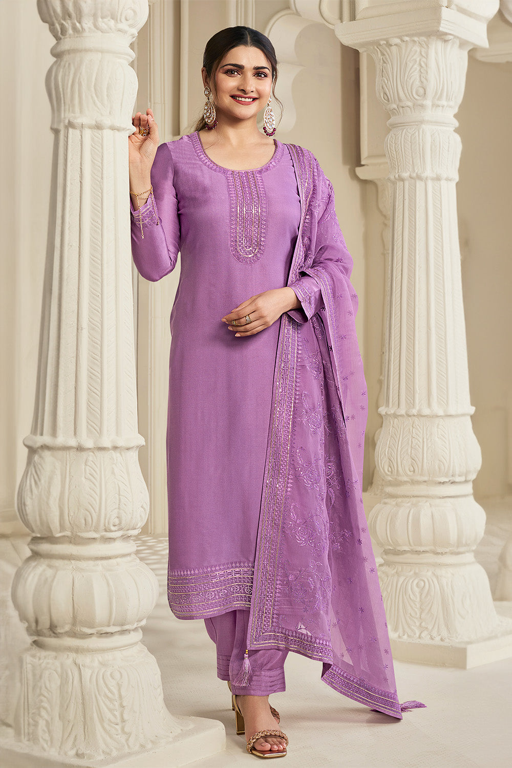 Lavender Color Chinon Resham Embroidered Unstitched Suit Material
