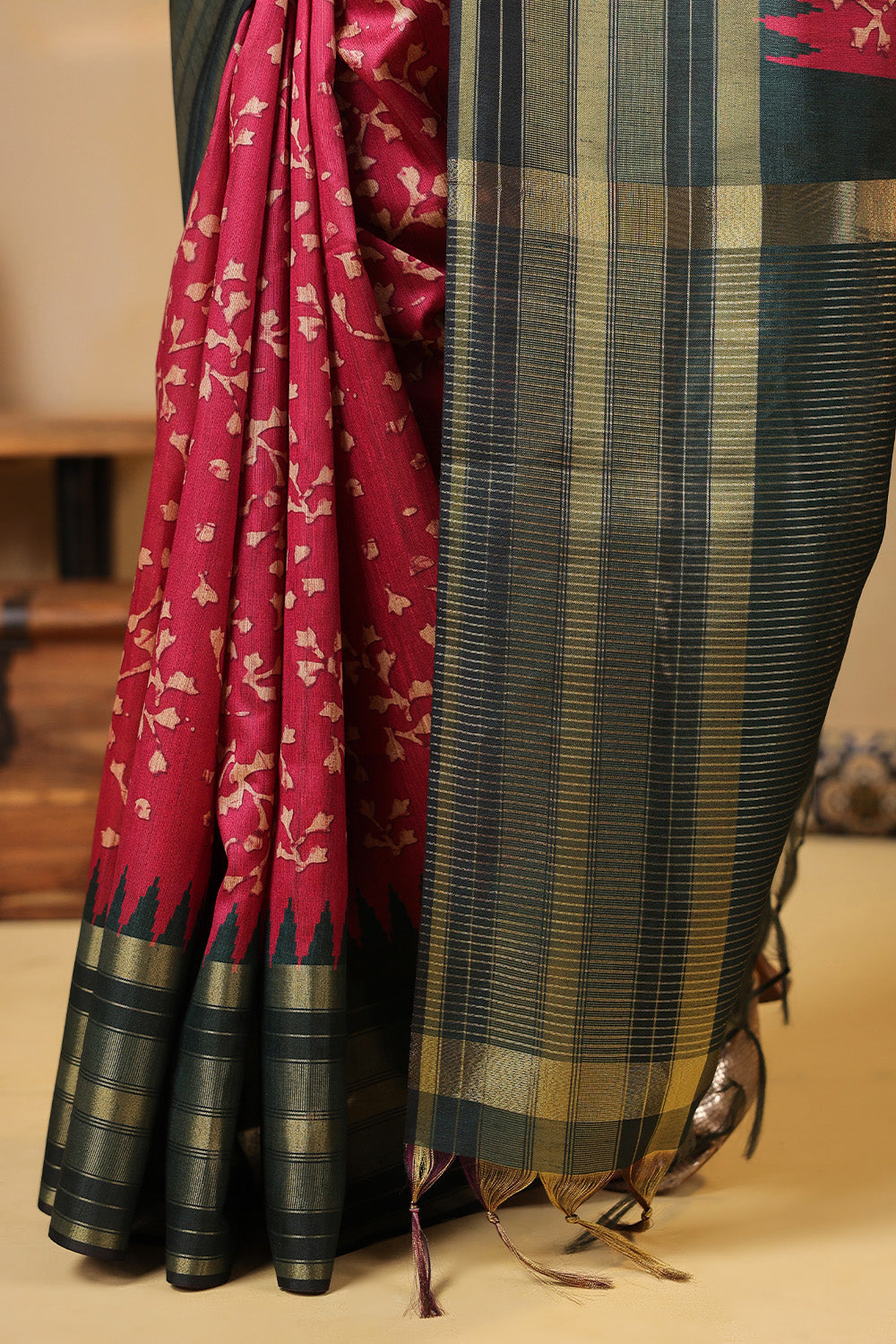 Deep Carmine Tussar Silk Floral Printed and Zari Woven Saree