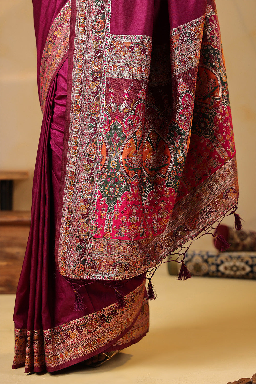 Dark Scarlet Soft Silk Kalamkari Woven Saree