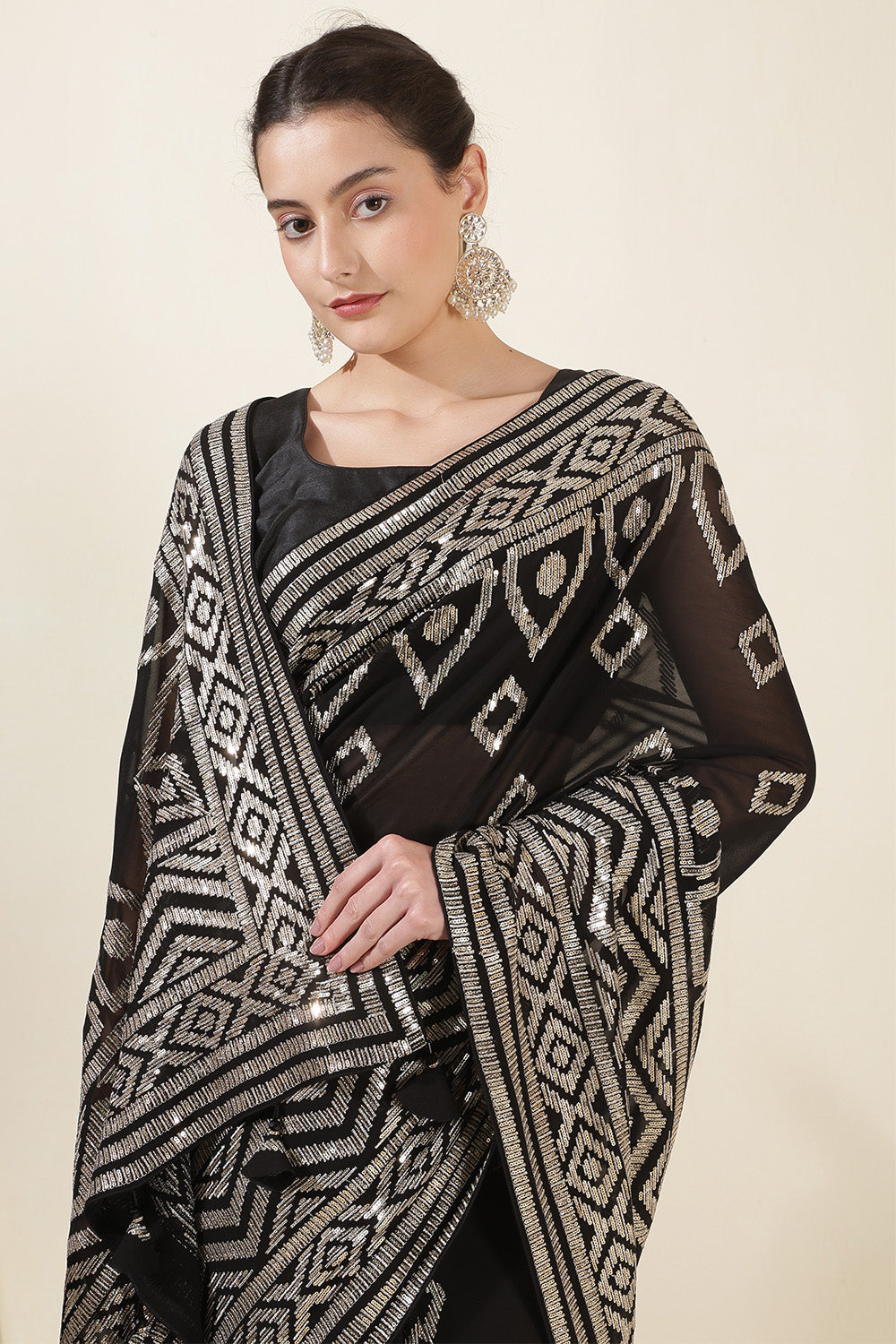 Black Color Georgette Sequins & Zari Embroidered Saree