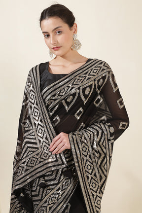 Black Color Georgette Sequins & Zari Embroidered Saree