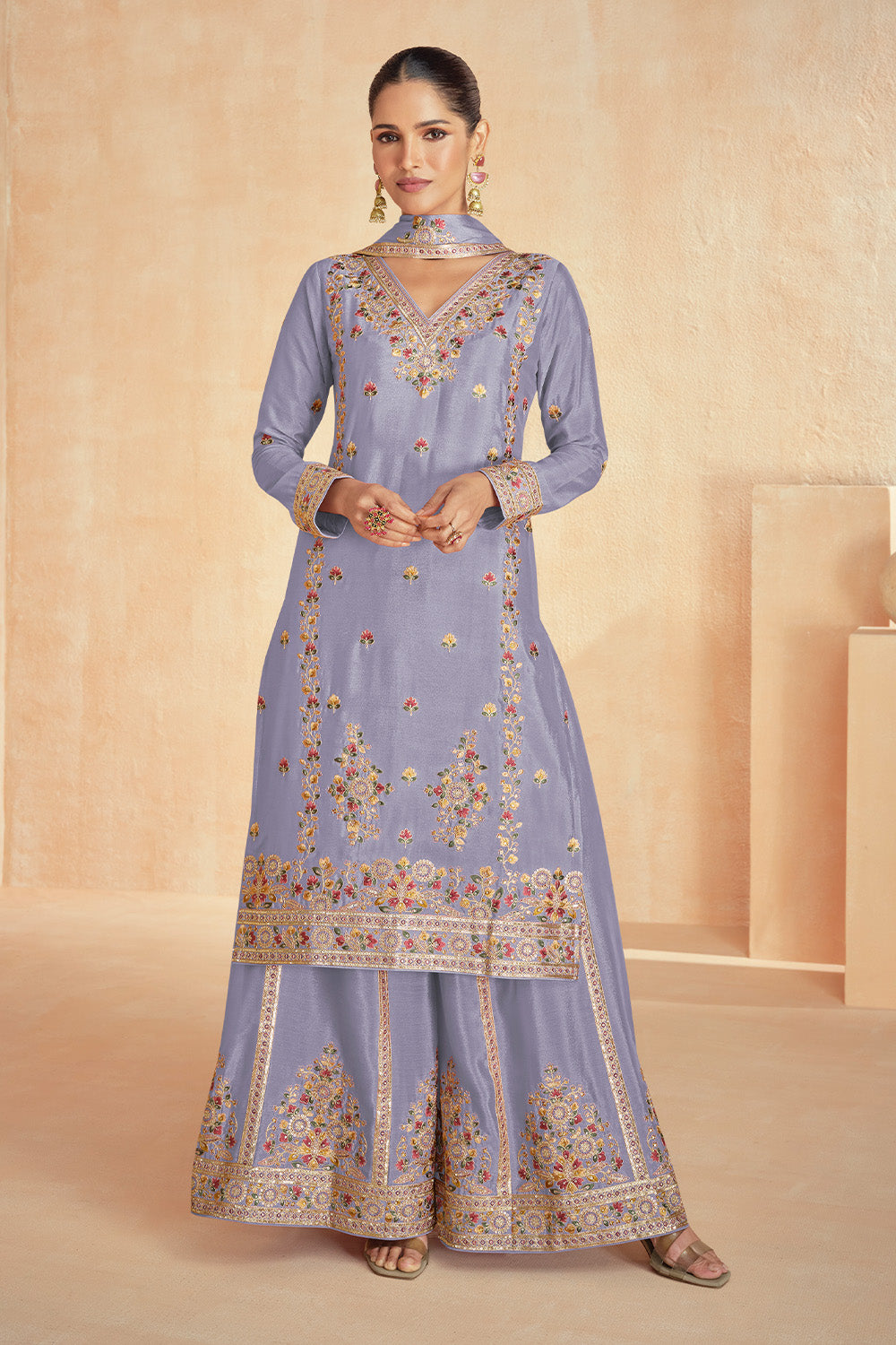 Lavender Color Crepe Silk Resham Embroidered Suit With Palazzo
