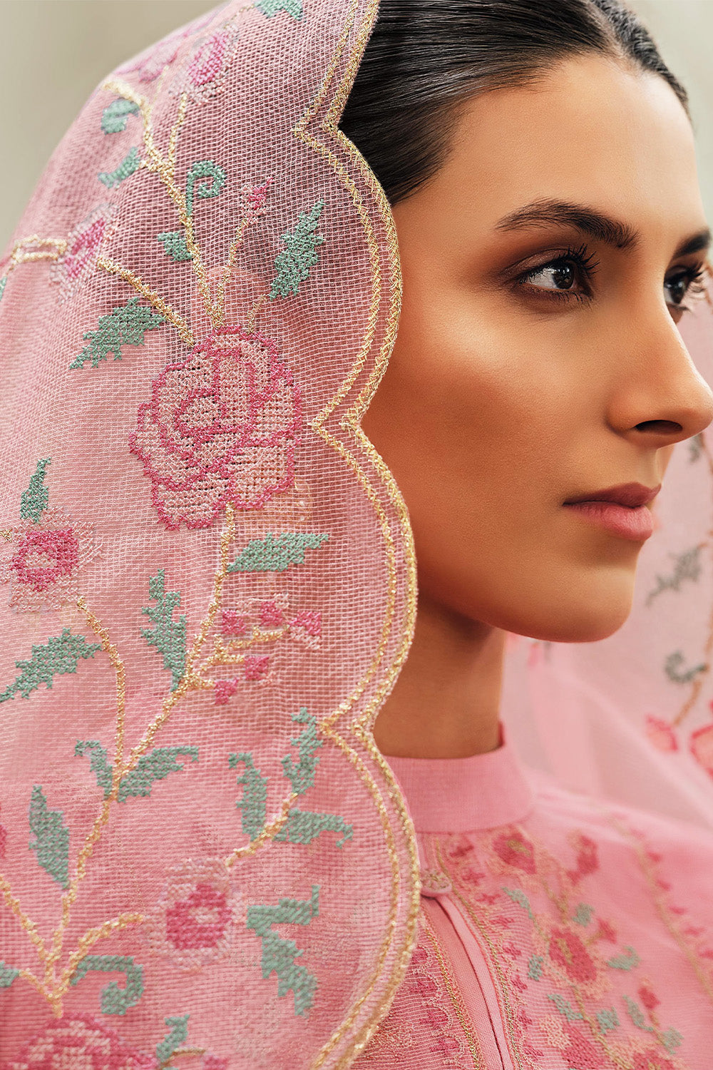 Pink Kota Silk Double Layer Embroidered Unstitched Suit Fabric
