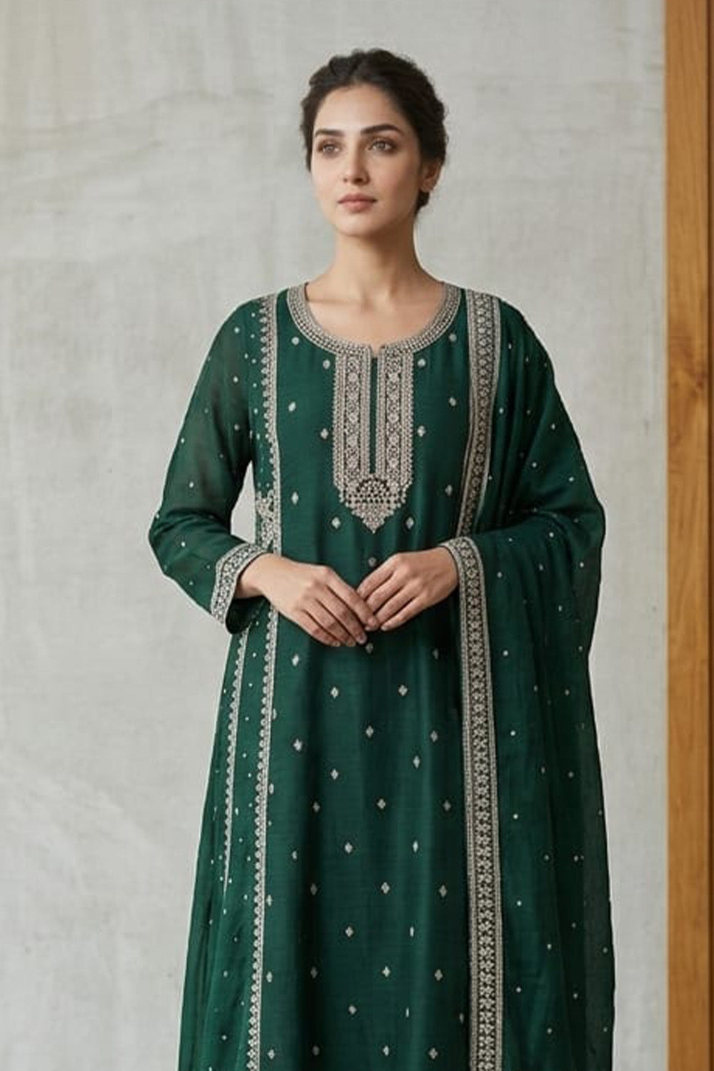 Bottle Green Crepe Silk Zari and Sequins Embroidered Anarkali Suit