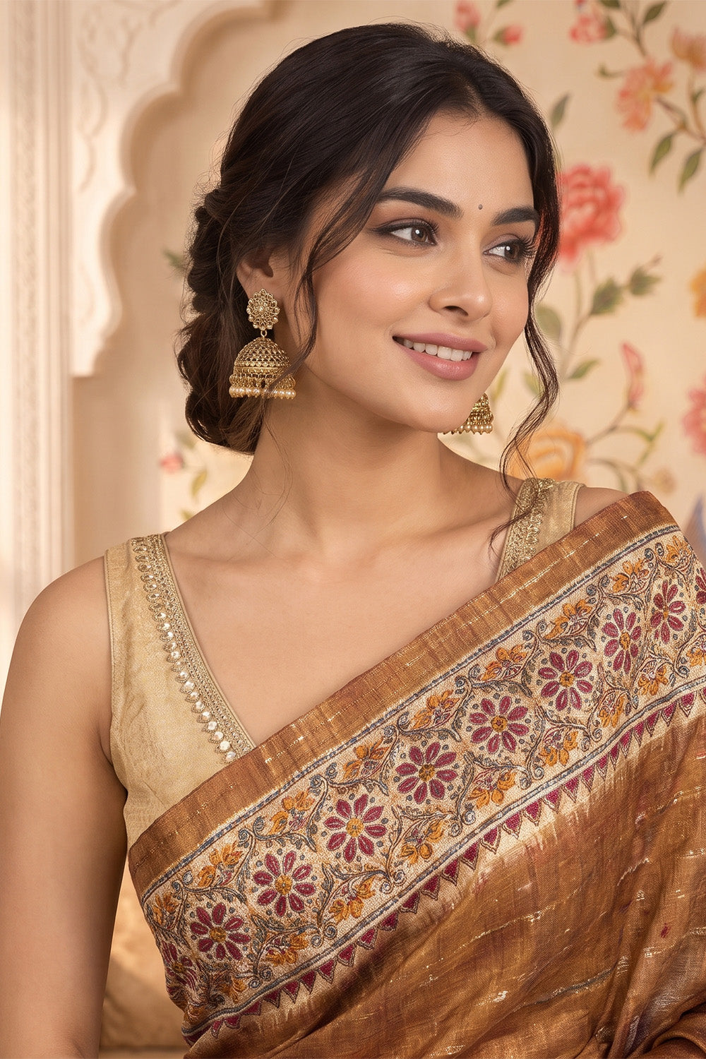 Brown Tussar Silk Printed And Zari Taar Woven Saree