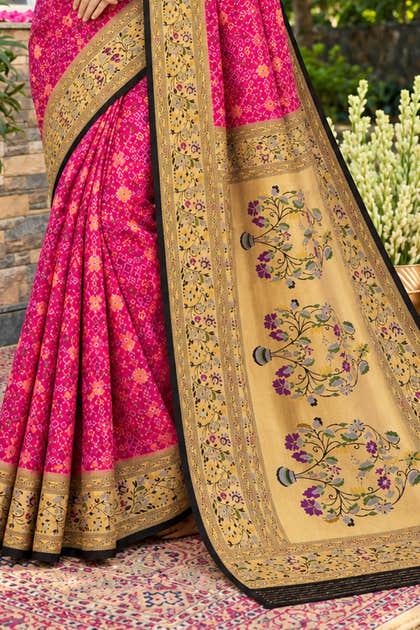 Magenta Silk Printed And Woven Border Saree