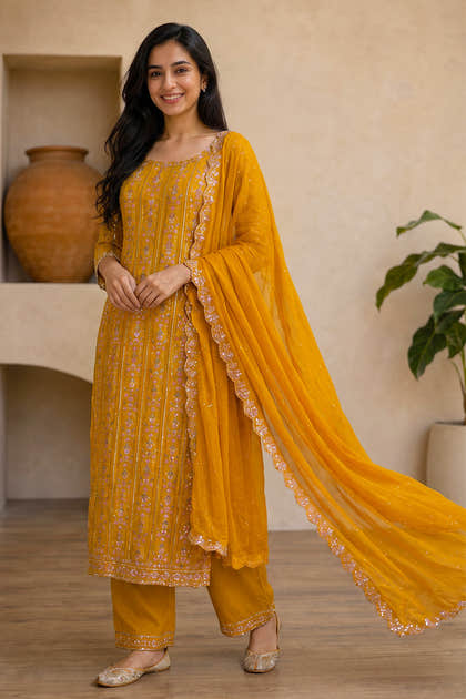 Mustard Crepe Silk Embroidered And Floral Printed Unstitched Suit Material