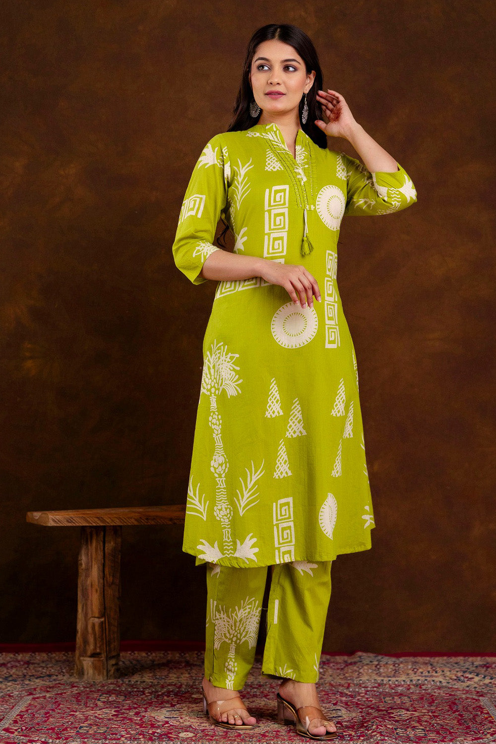 Light Green Block Printed Cotton Printed Kurta Set