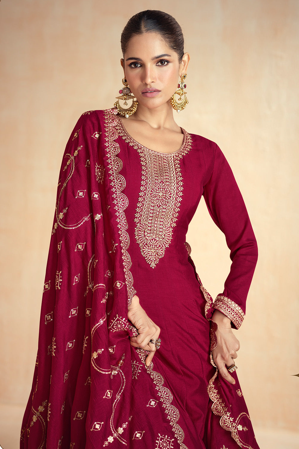 Maroon Color Silk Embroidered Anarkali Suit