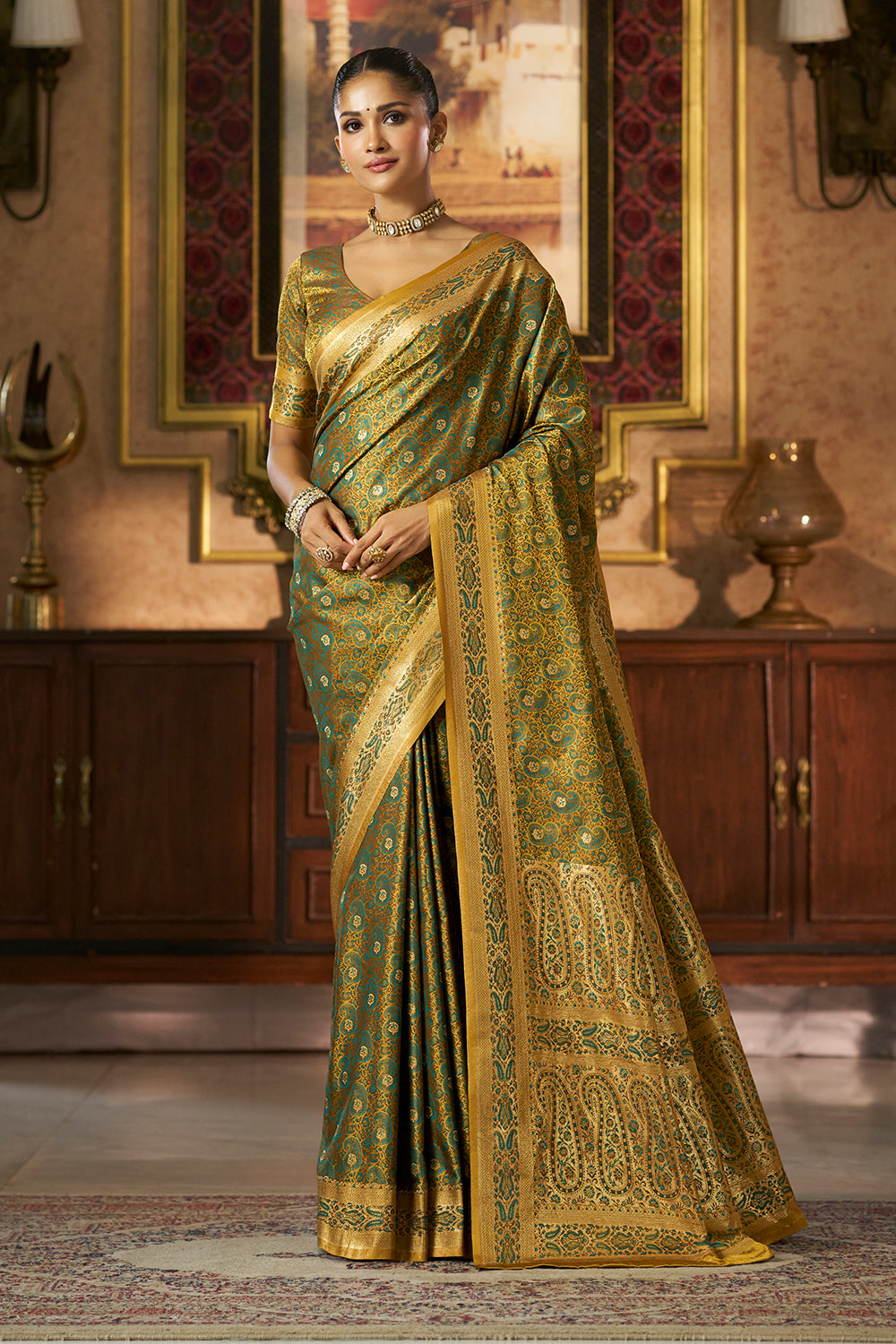 Teal Silk Minakari Woven Saree