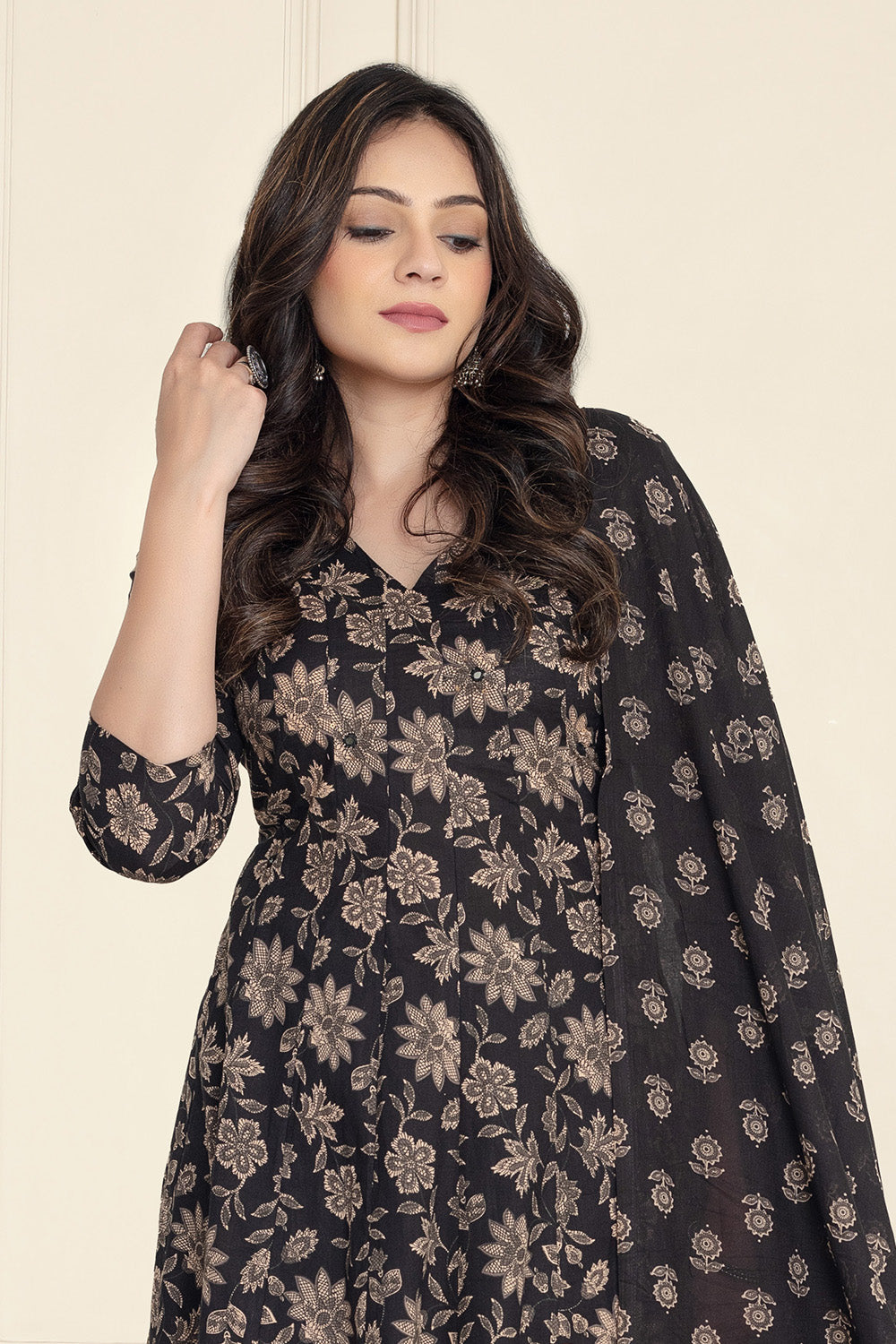 Navy Cotton Floral Printed Anarkali Suit Set