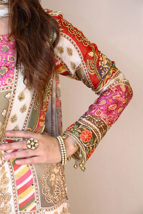 Cream Crepe Silk Printed Suit