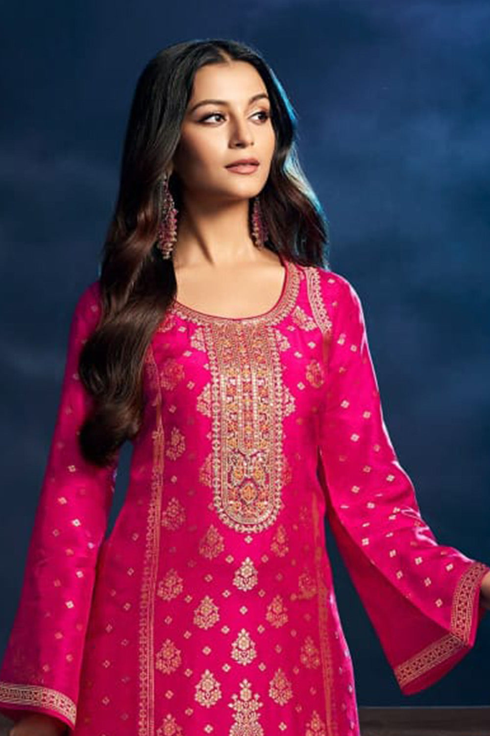 Hot Pink Silk Woven And Embroidered Suit With Palazzo