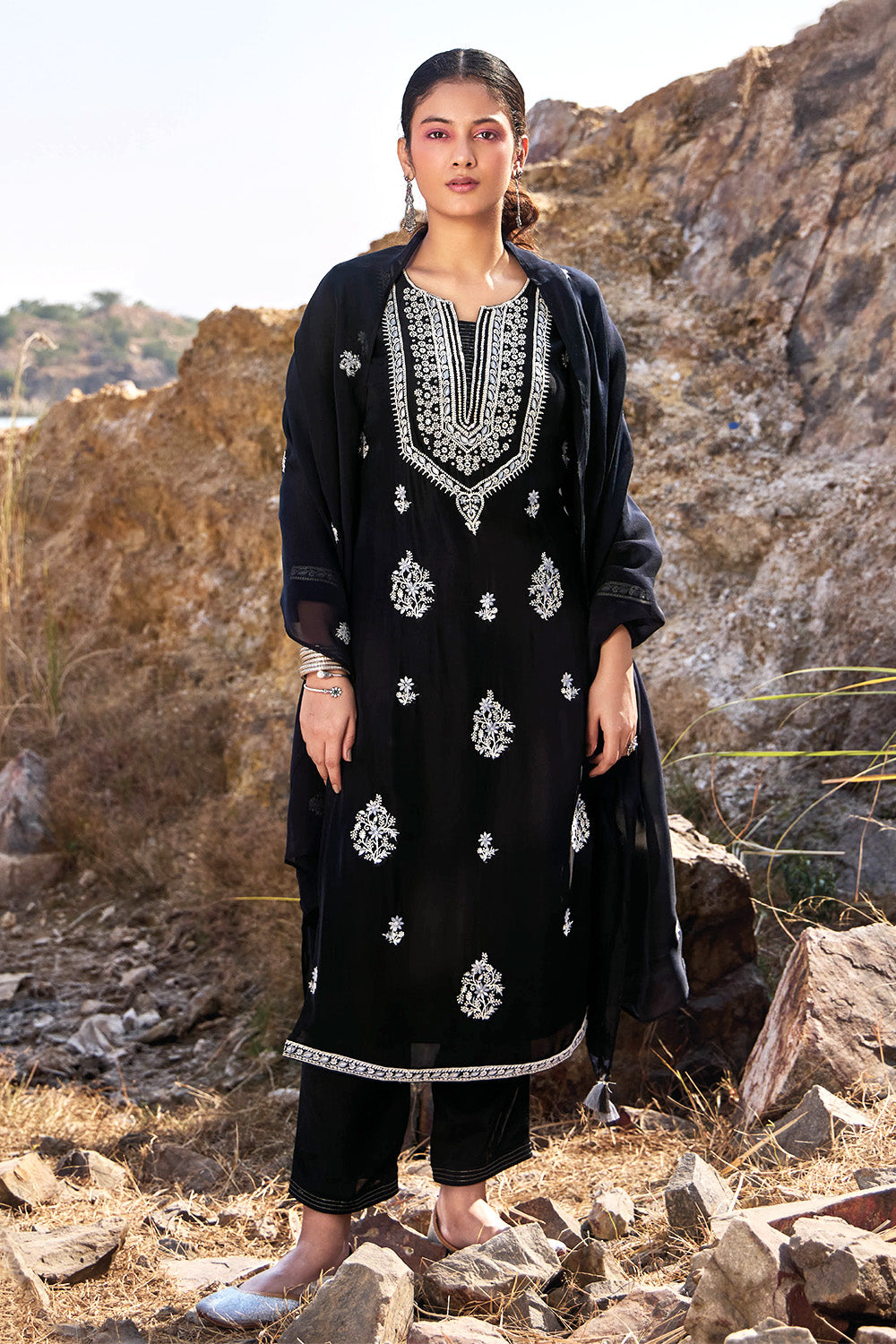 Black Color Organza Resham Embroidered Suit