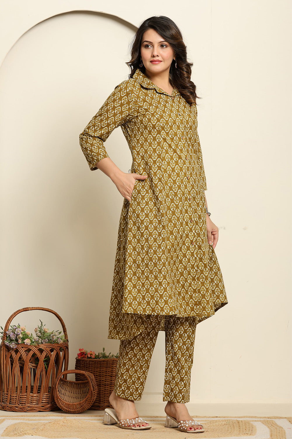 Olive Green Color Floral Printed Cotton Kurta Set