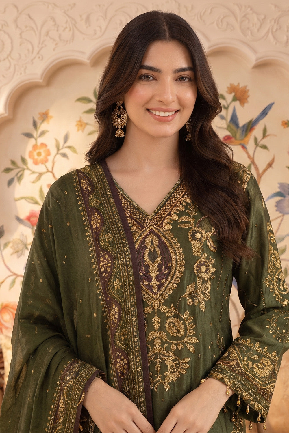Green Crepe Silk Printed and Pitta Handwork Suit