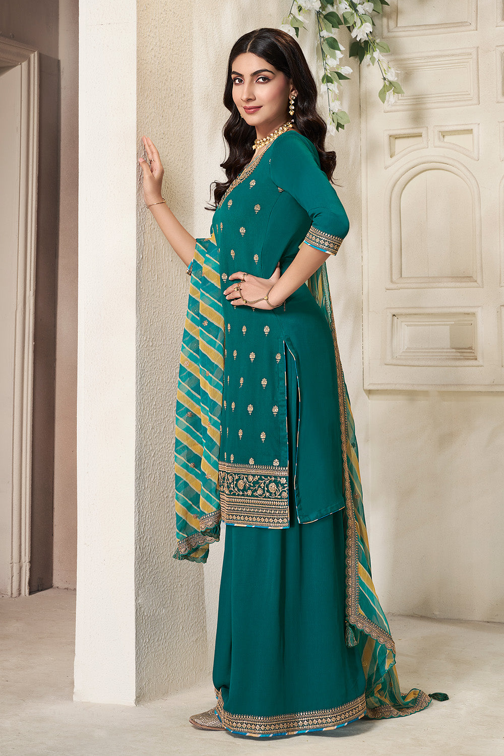 Teal Crepe Silk Embroidered Suit With Palazzo